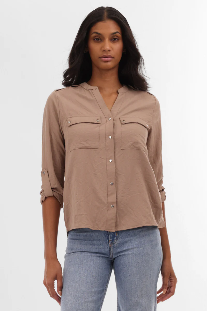 Roll Up Sleeve Utility Pocket Blouse - Taupe