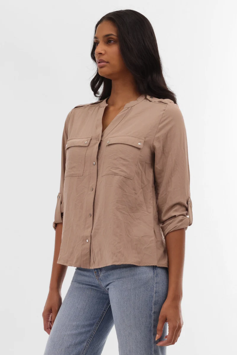 Roll Up Sleeve Utility Pocket Blouse - Taupe - Image 2