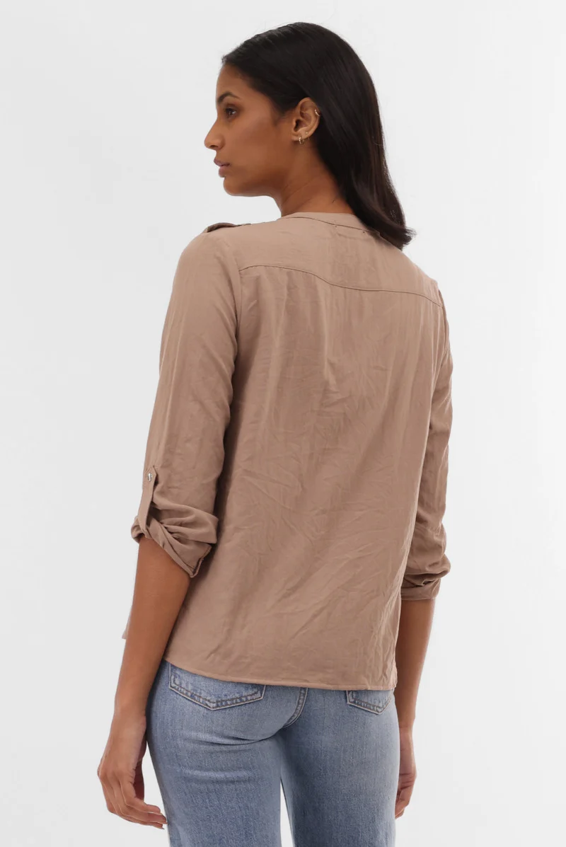 Roll Up Sleeve Utility Pocket Blouse - Taupe - Image 3