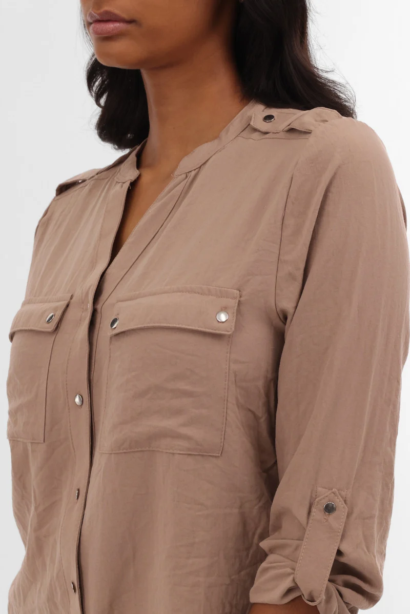 Roll Up Sleeve Utility Pocket Blouse - Taupe - Image 4