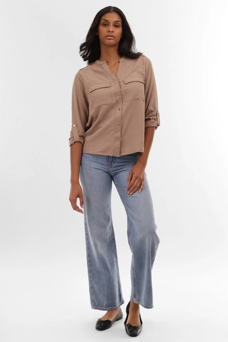 Roll Up Sleeve Utility Pocket Blouse - Taupe - Image 5