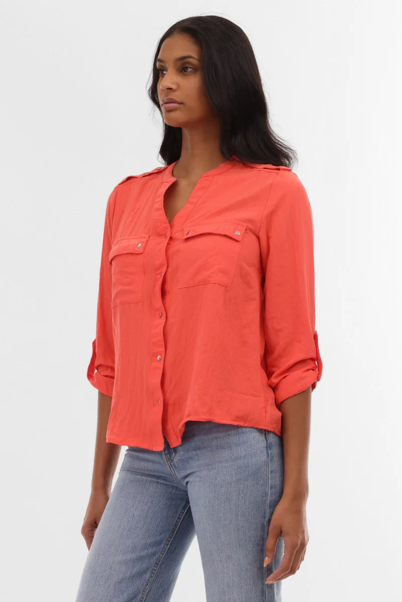 Roll Up Sleeve Utility Pocket Blouse - Coral - Image 2