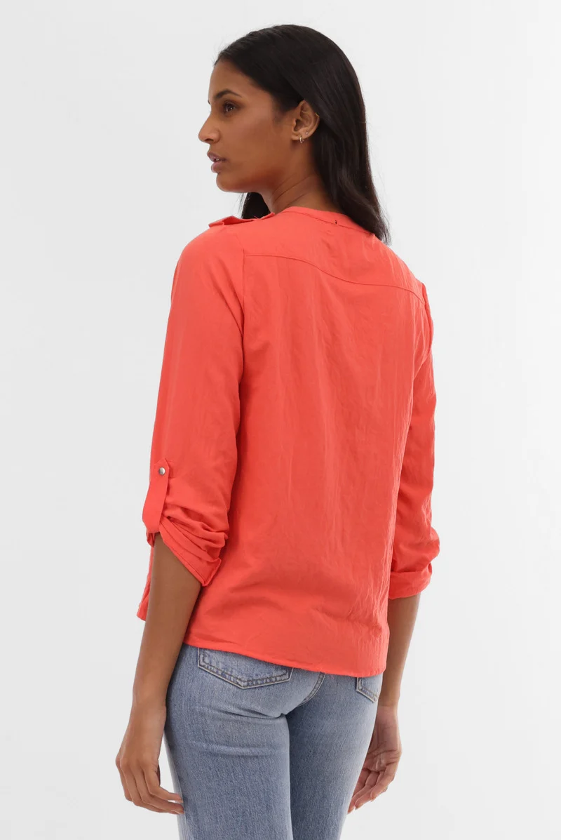 Roll Up Sleeve Utility Pocket Blouse - Coral - Image 3