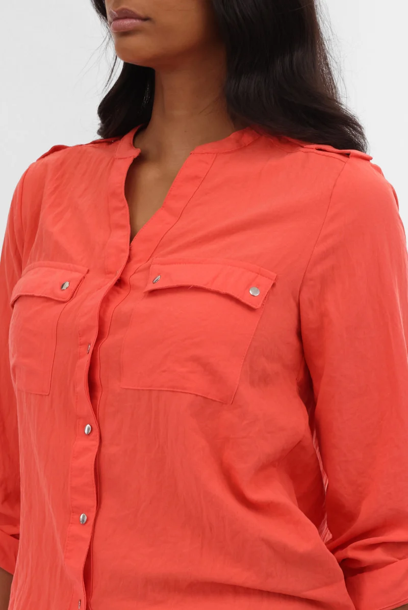 Roll Up Sleeve Utility Pocket Blouse - Coral - Image 4