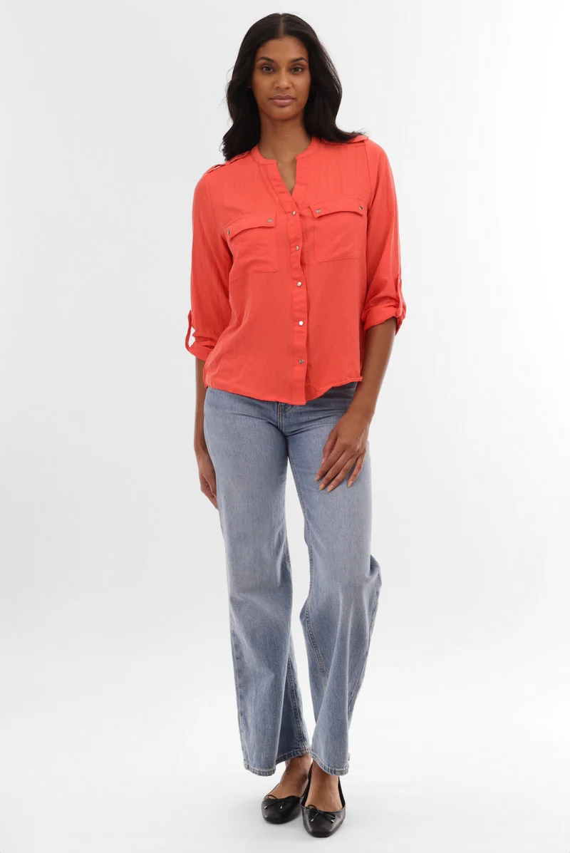 Roll Up Sleeve Utility Pocket Blouse - Coral - Image 5