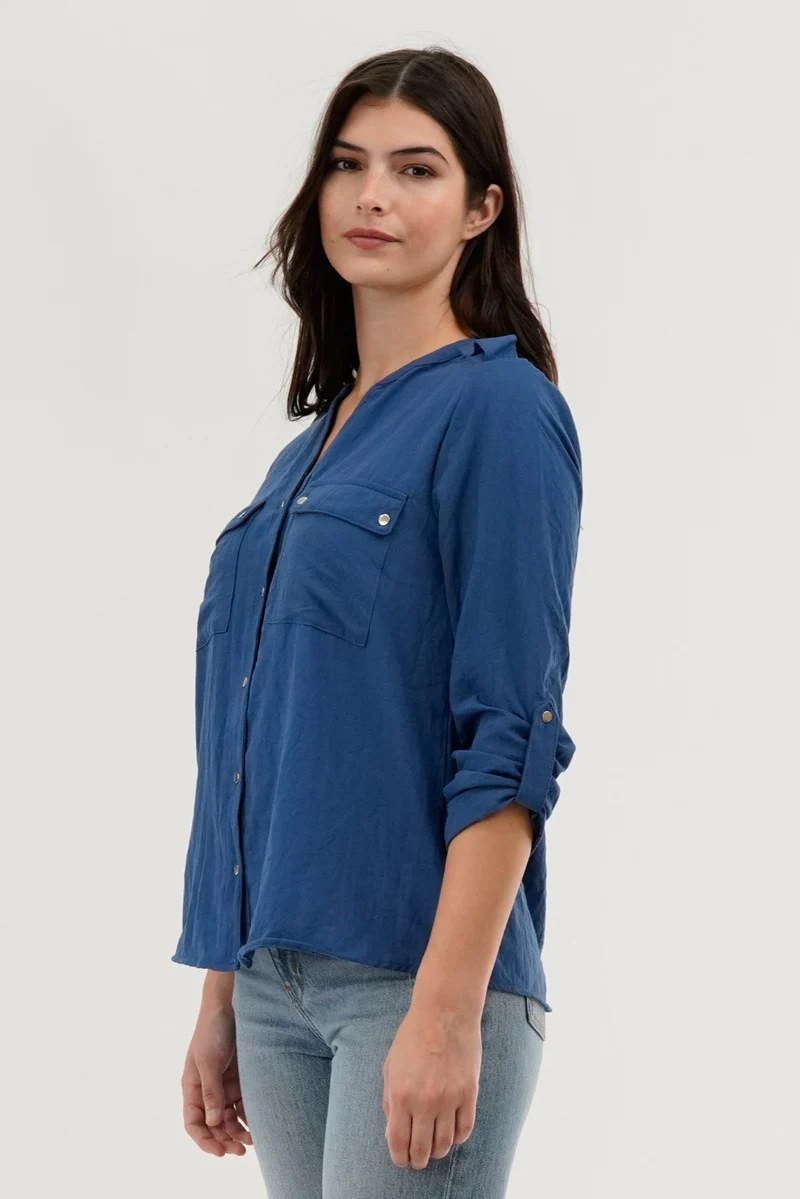 Roll Up Sleeve Utility Pocket Blouse - Navy - Image 2