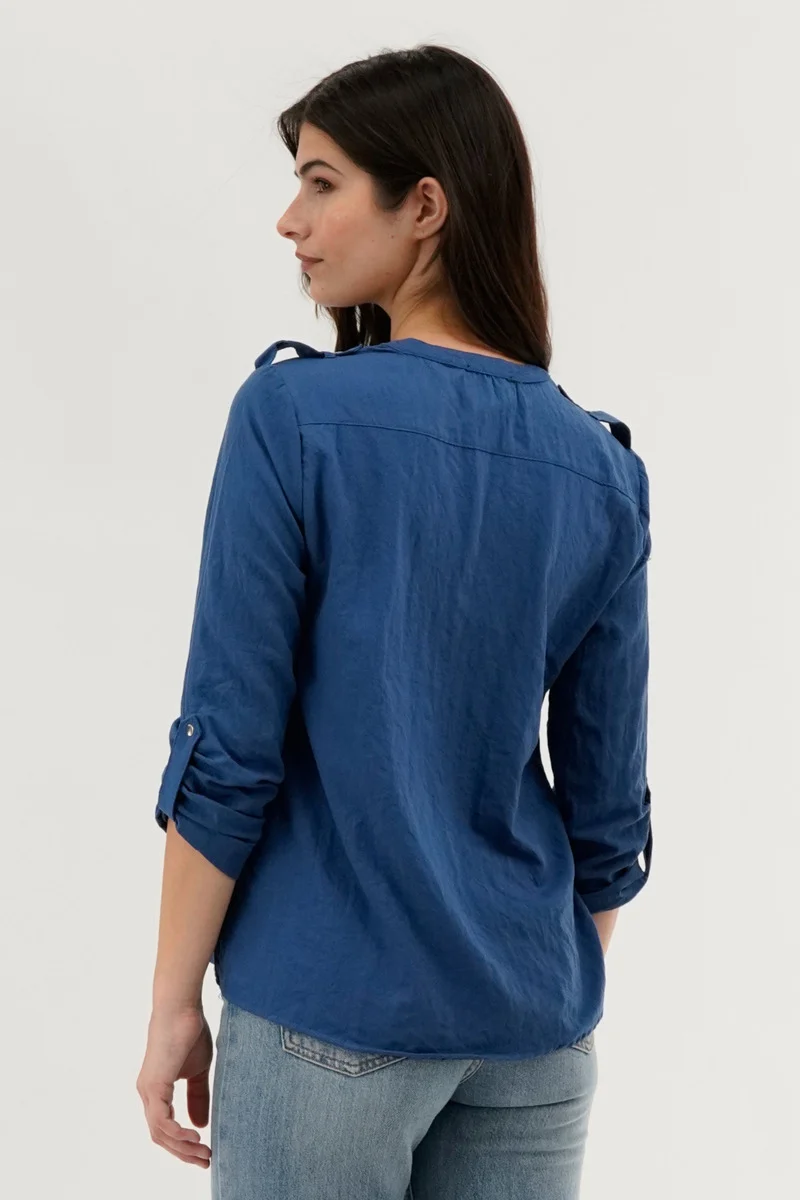Roll Up Sleeve Utility Pocket Blouse - Navy - Image 3