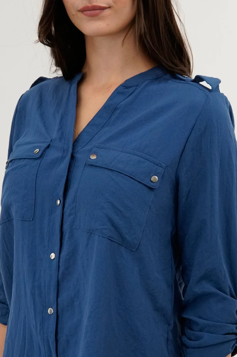Roll Up Sleeve Utility Pocket Blouse - Navy - Image 4