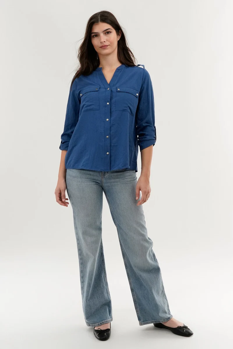 Roll Up Sleeve Utility Pocket Blouse - Navy - Image 5