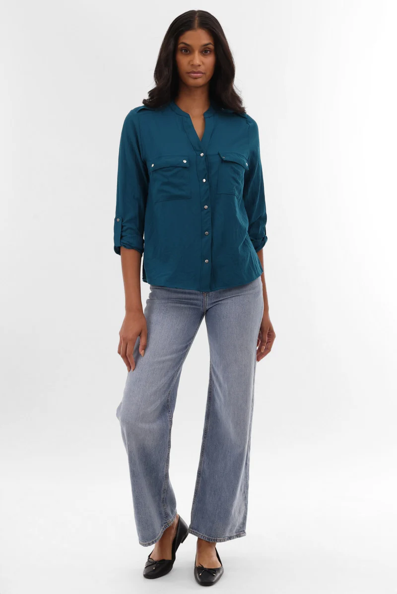 Roll Up Sleeve Utility Pocket Blouse - Teal - Image 5