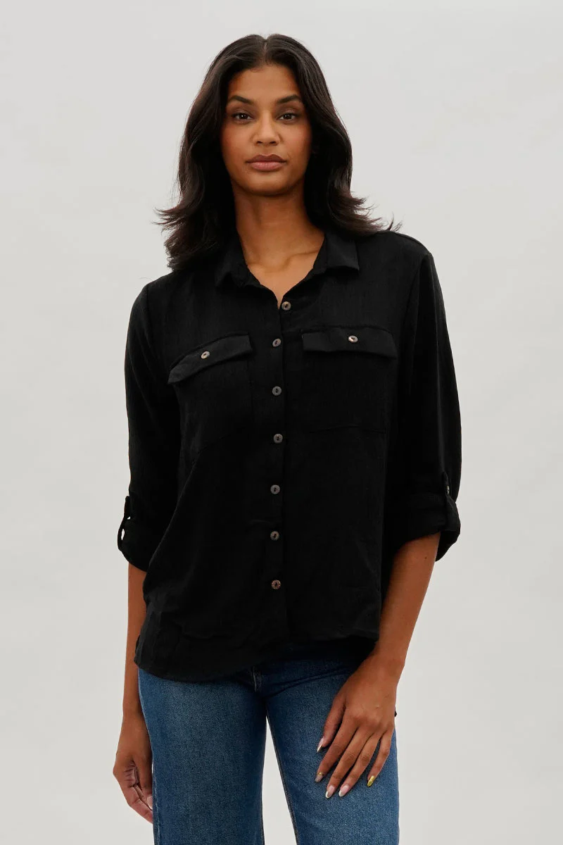 Vintage Button Up Utility Shirt - Black