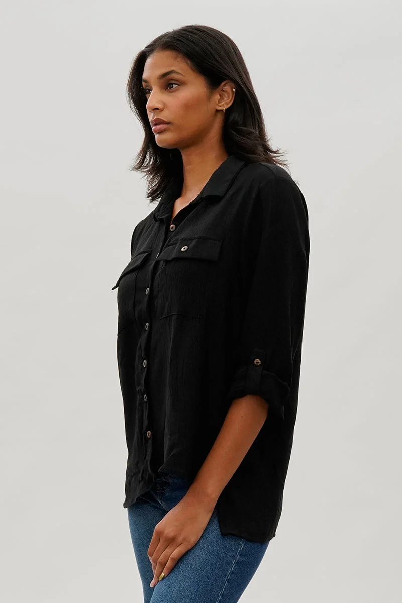 Vintage Button Up Utility Shirt - Black - Image 2