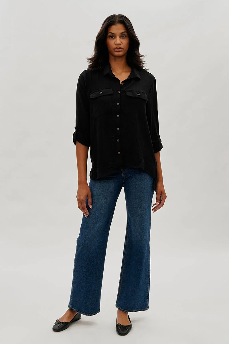 Vintage Button Up Utility Shirt - Black - Image 5