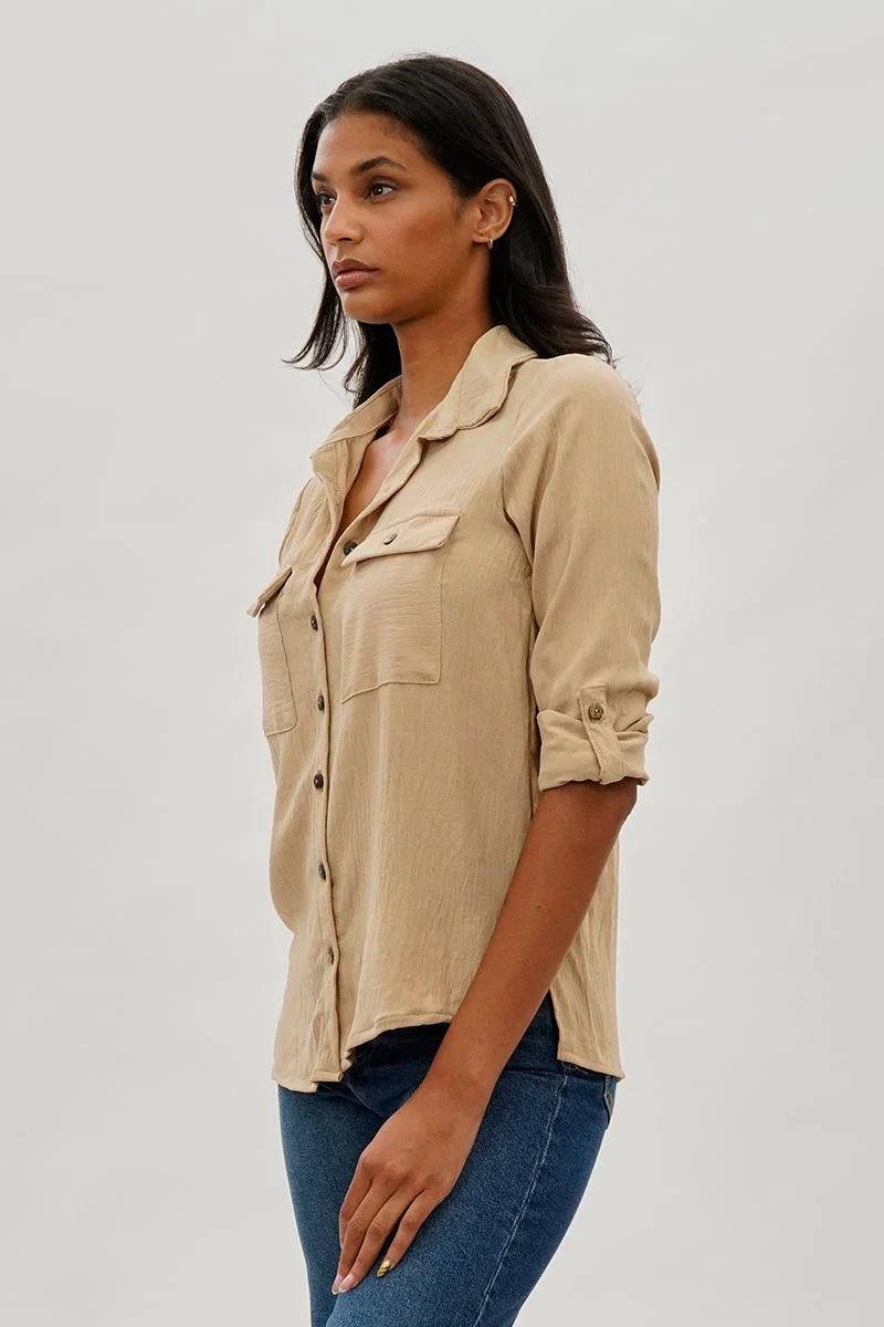 Vintage Button Up Utility Shirt - Beige - Image 2