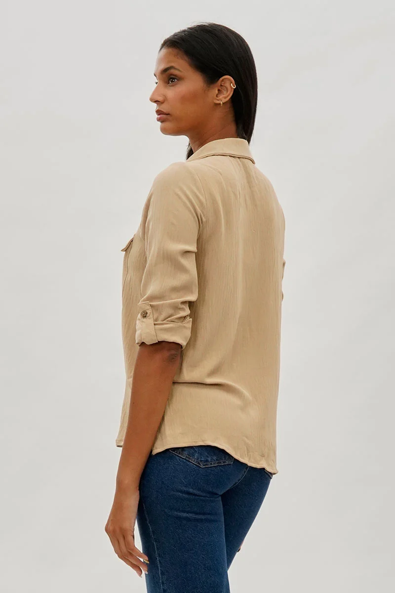 Vintage Button Up Utility Shirt - Beige - Image 3