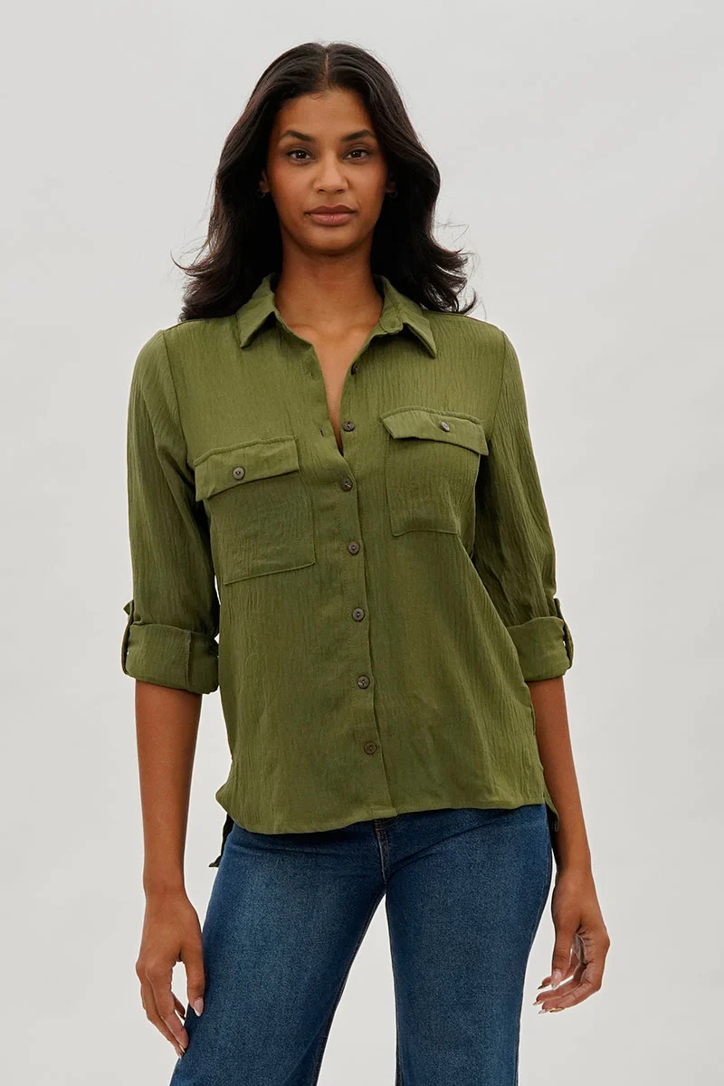 Vintage Button Up Utility Shirt - Olive