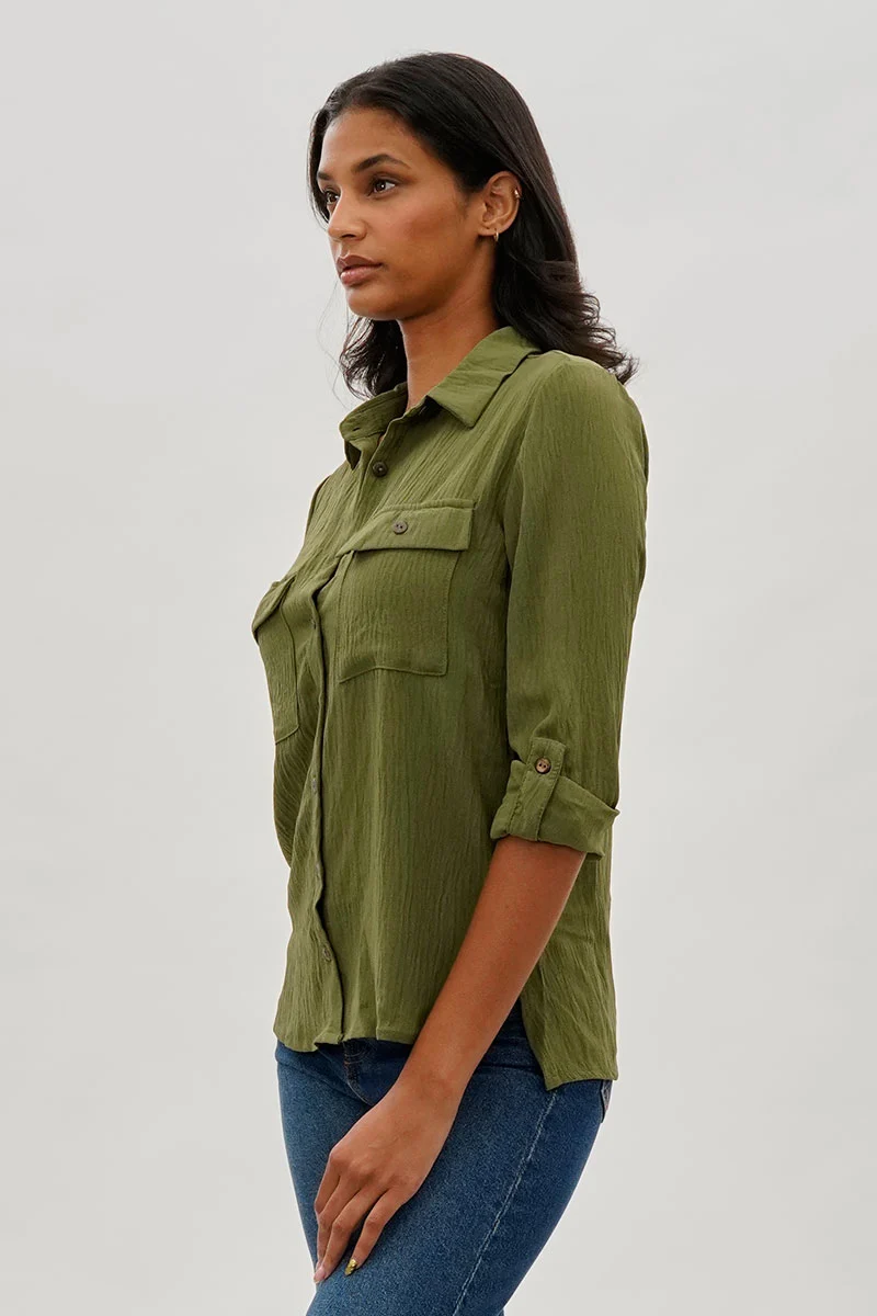 Vintage Button Up Utility Shirt - Olive - Image 2