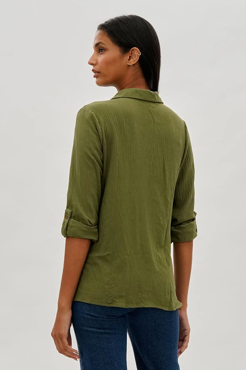 Vintage Button Up Utility Shirt - Olive - Image 3