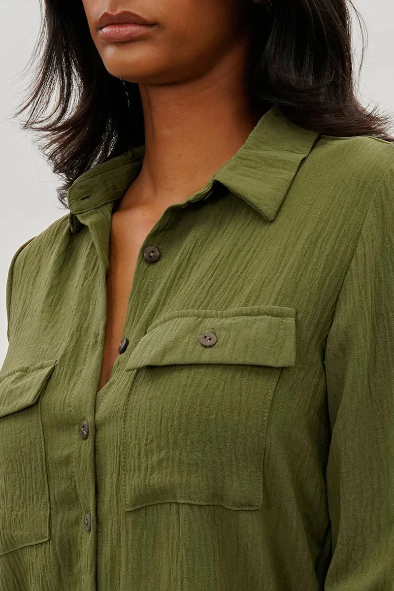 Vintage Button Up Utility Shirt - Olive - Image 4