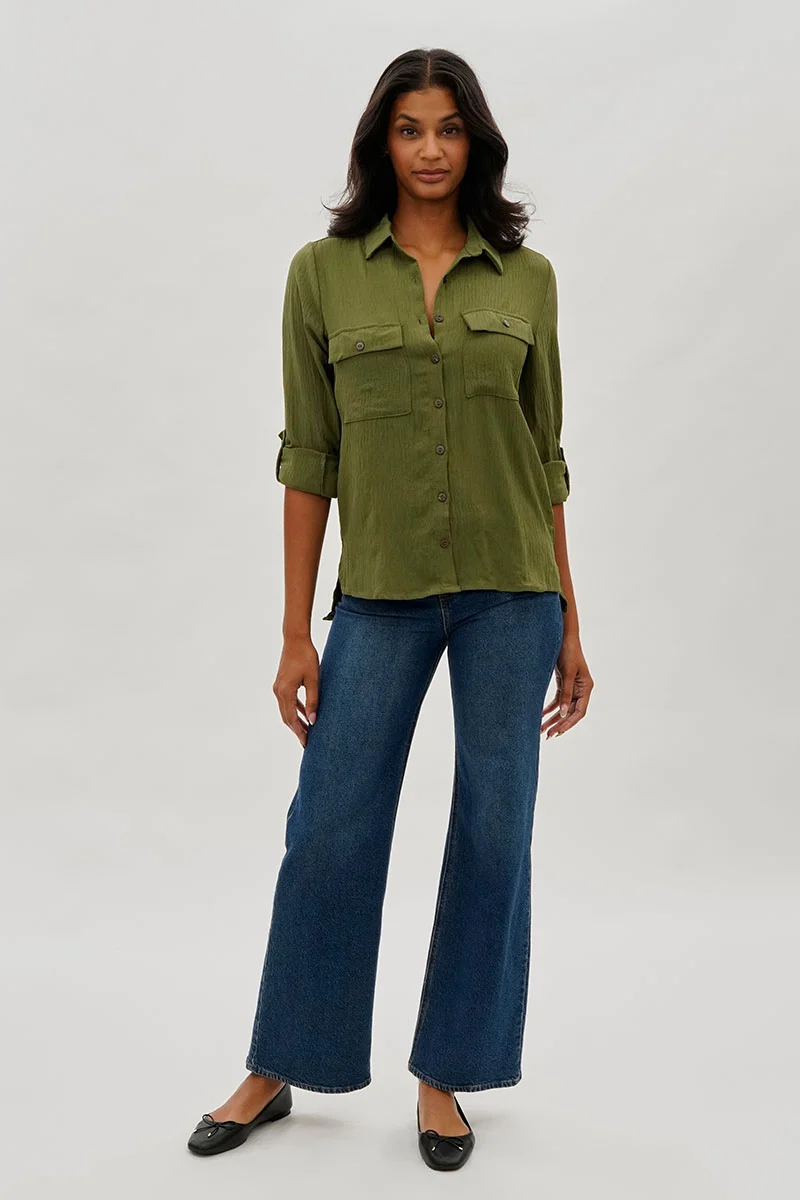 Vintage Button Up Utility Shirt - Olive - Image 5