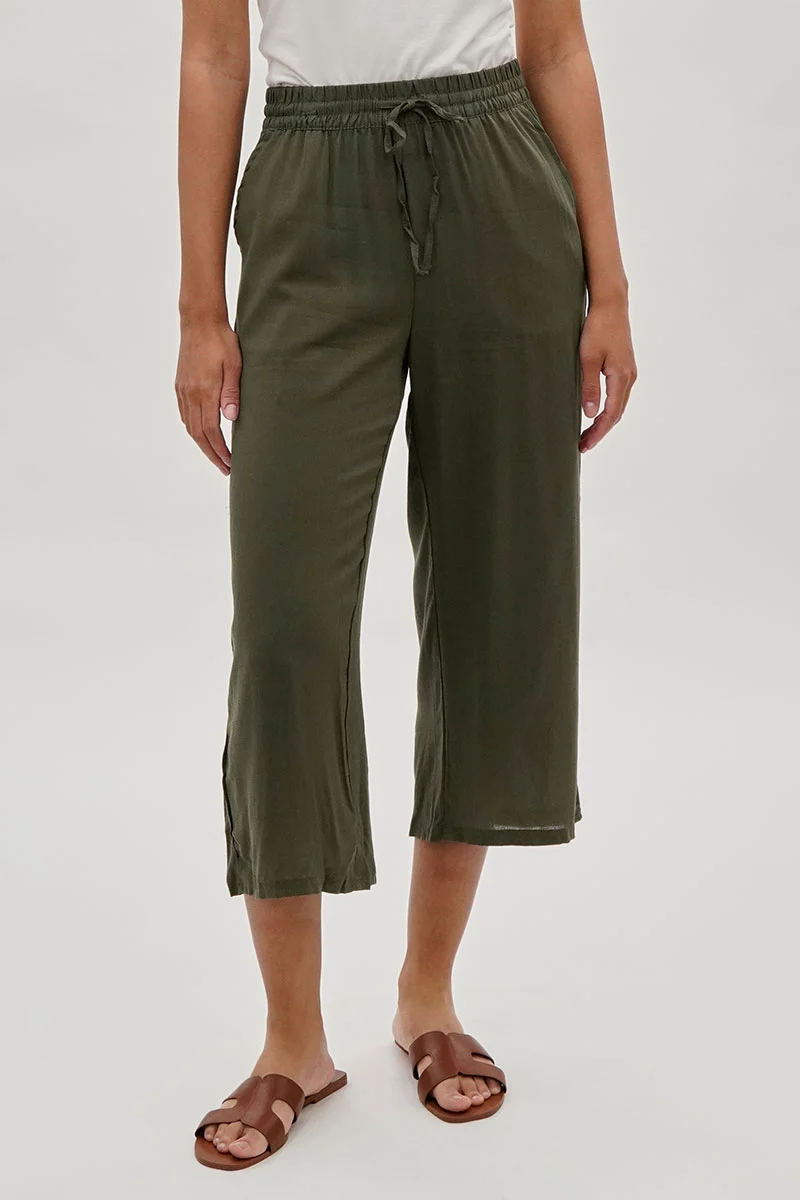 Cropped Tie Waist Pants - Olive