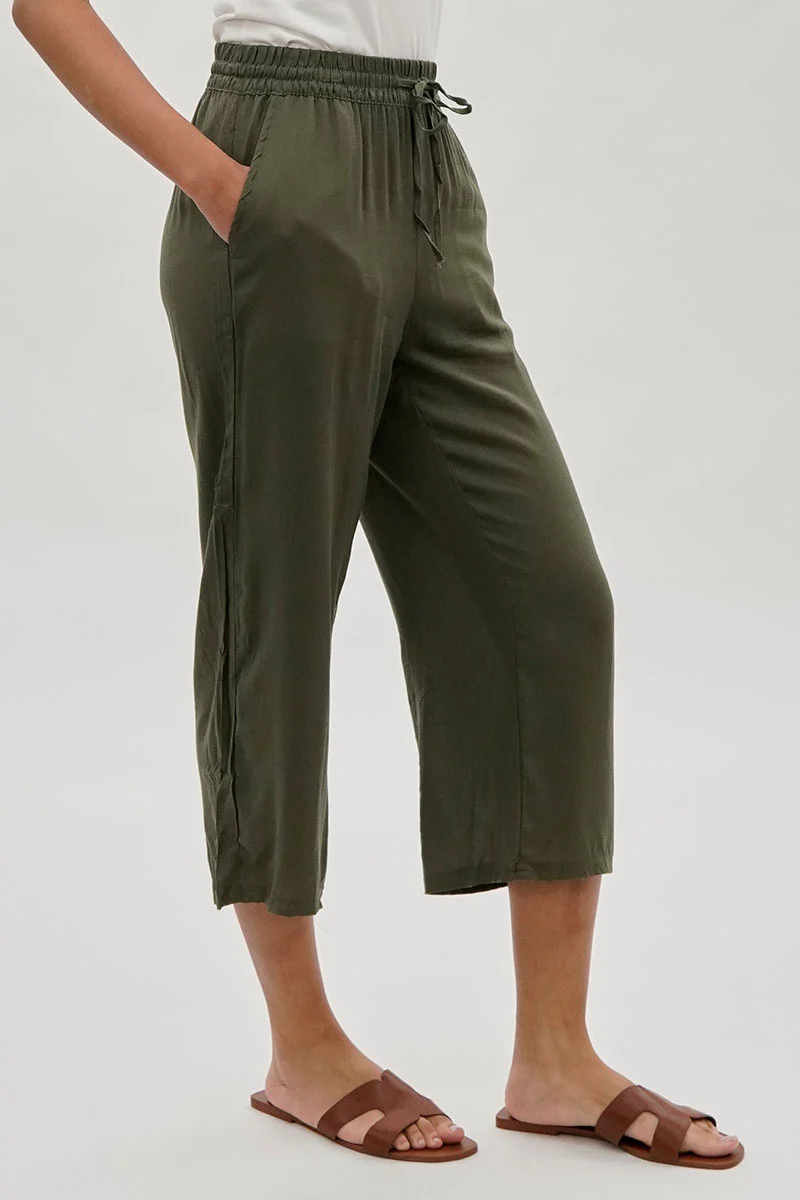 Cropped Tie Waist Pants - Olive - Image 2