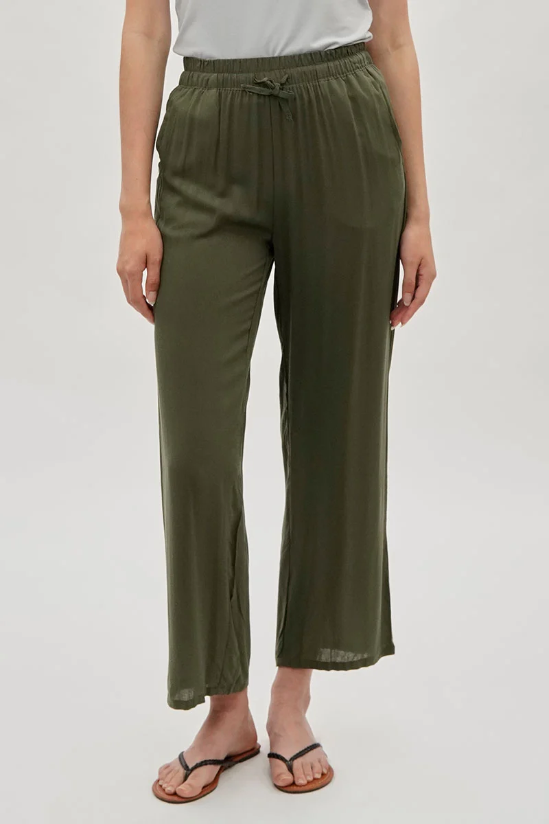 Tie Waist Wide Leg Pants - Olive