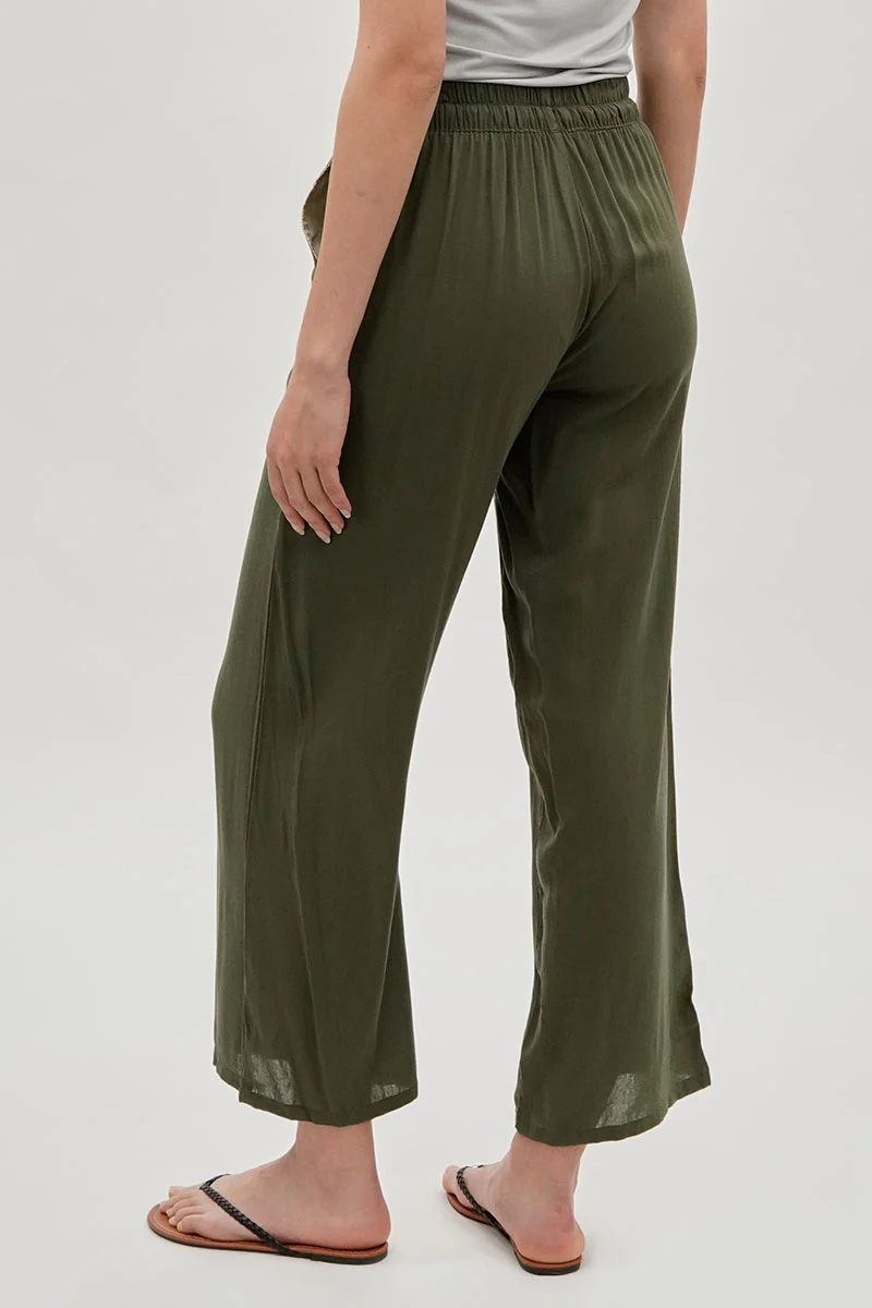 Tie Waist Wide Leg Pants - Olive - Image 3