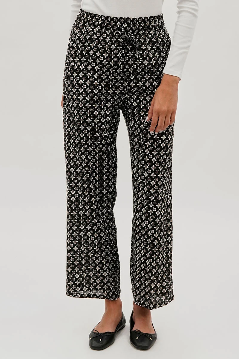Lattice Print Wide Leg Pants - Black