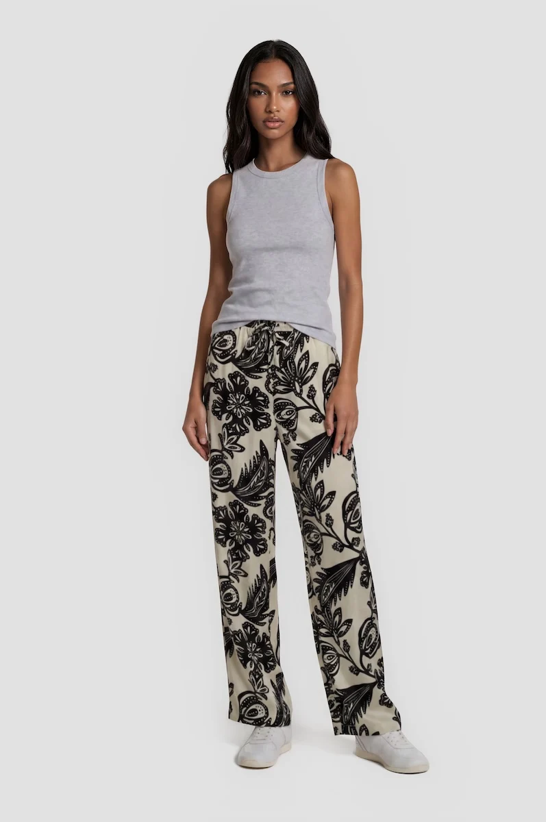 Printed Drawstring Pants - Cream
