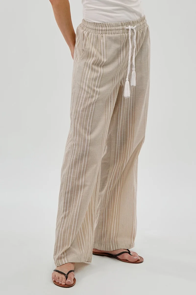 Striped Drawstring Wide Leg Pants - Beige - Image 2