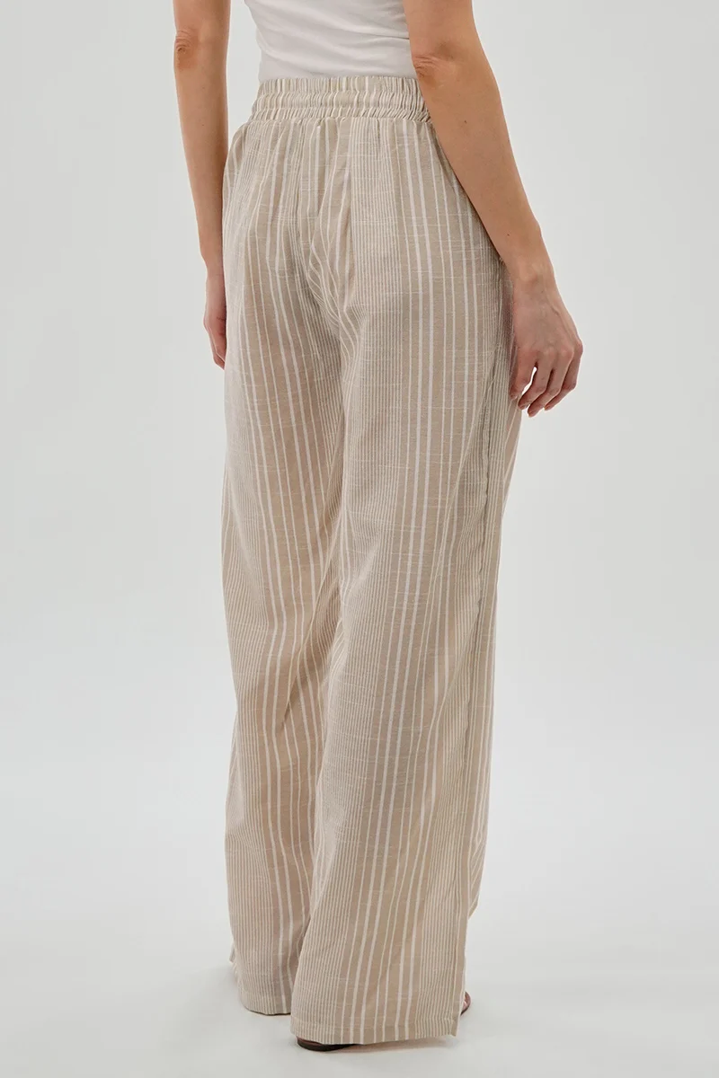 Striped Drawstring Wide Leg Pants - Beige - Image 3