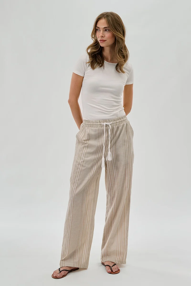 Striped Drawstring Wide Leg Pants - Beige - Image 5