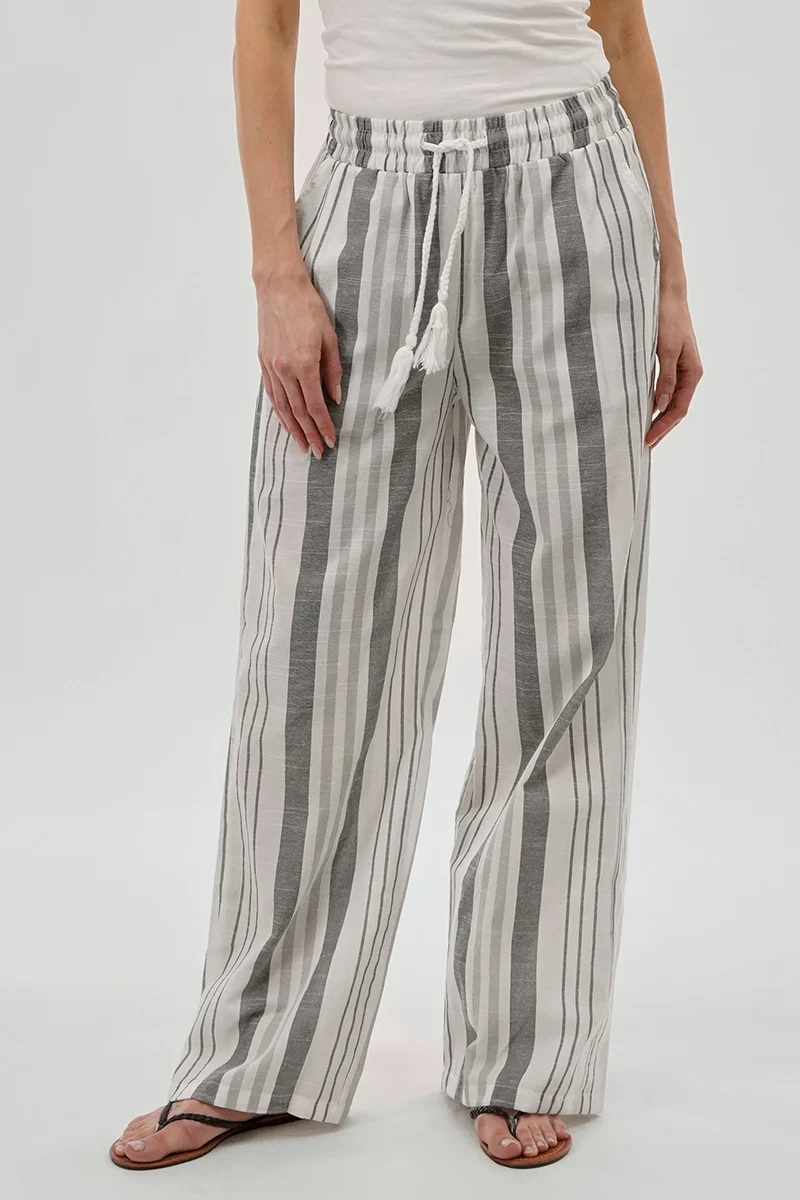 Striped Drawstring Wide Leg Pants - Grey