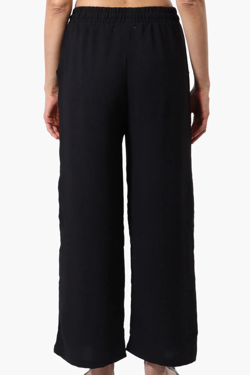 Tie Waist Wide Leg Crinkled Pants - Black - Image 3