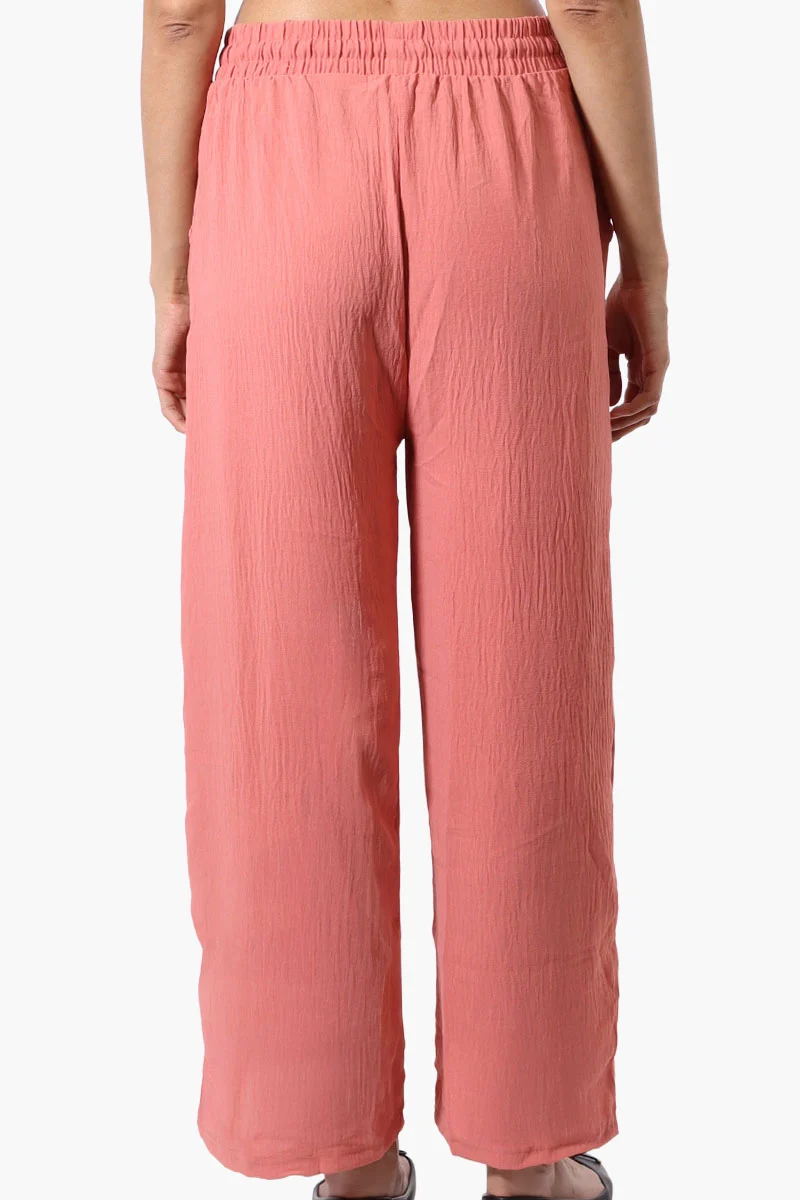 Tie Waist Wide Leg Crinkled Pants - Coral - Image 3