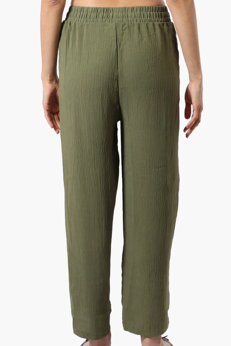 Tie Waist Wide Leg Crinkled Pants - Olive - Image 3