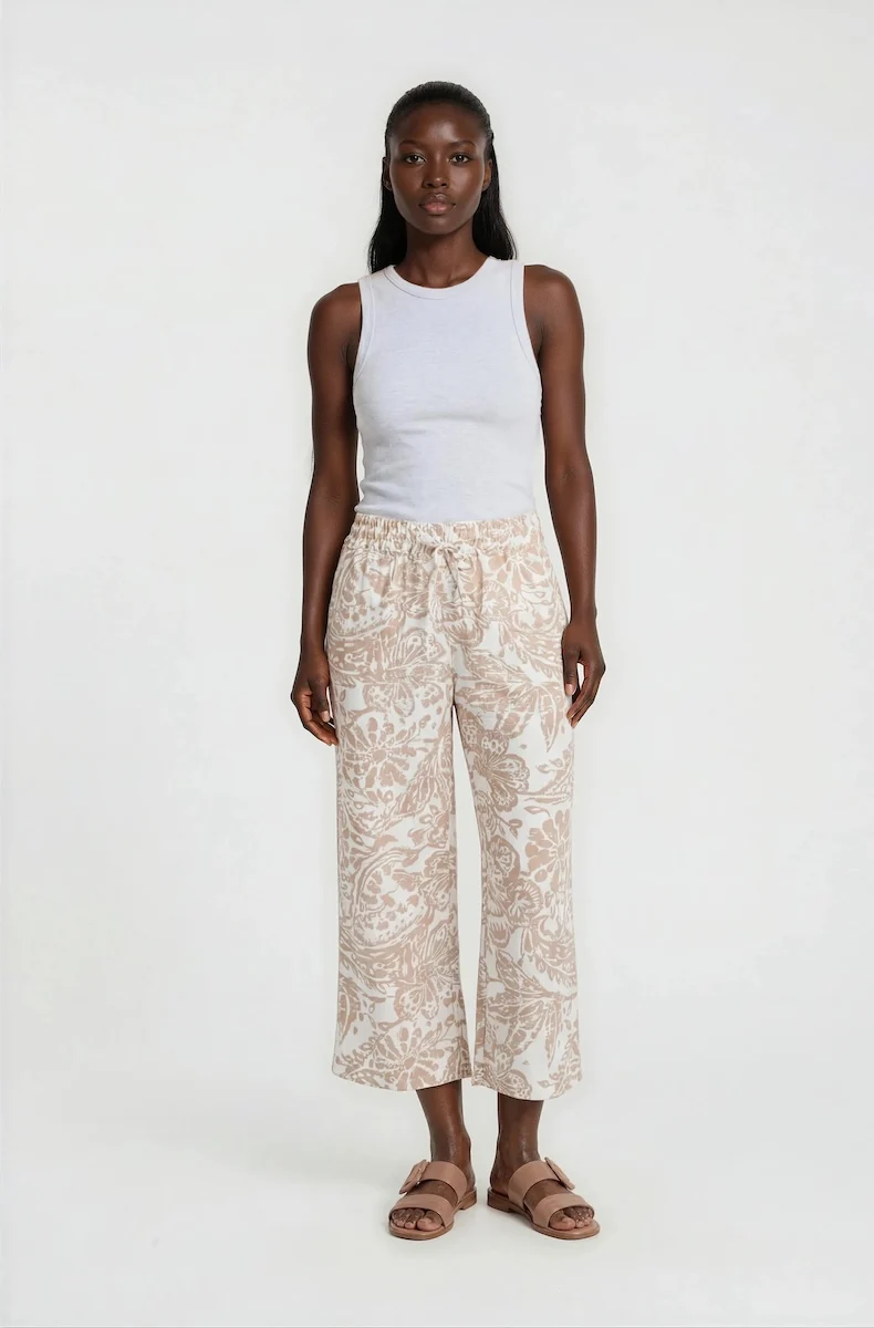 Printed Wide Leg Capris - Beige