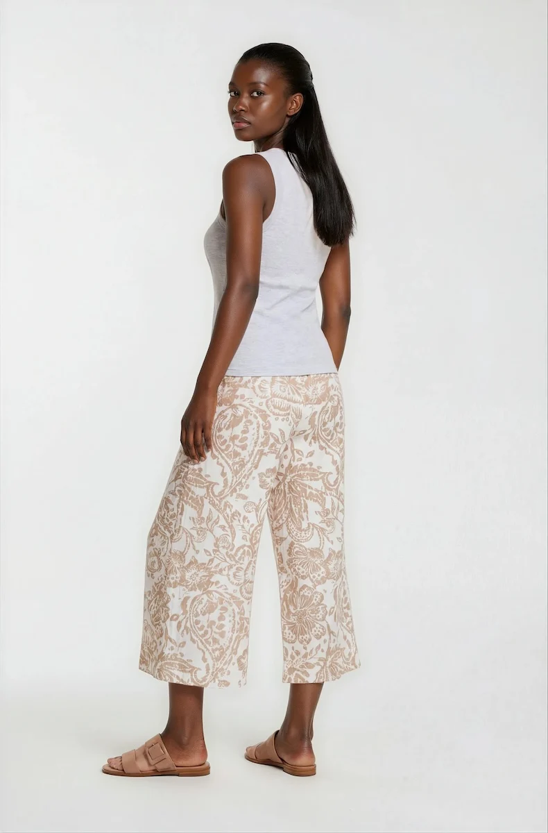 Printed Wide Leg Capris - Beige - Image 2