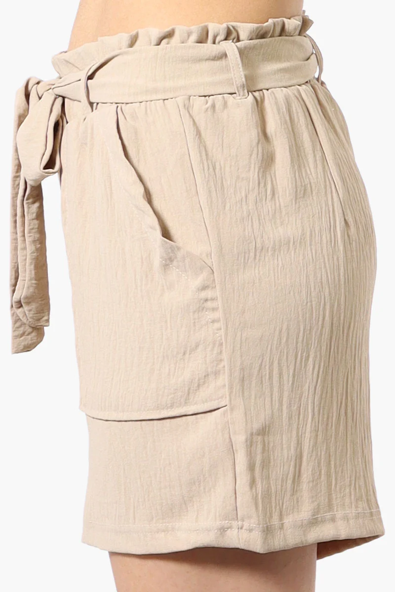 Solid Belted Shorts - Beige - Image 2