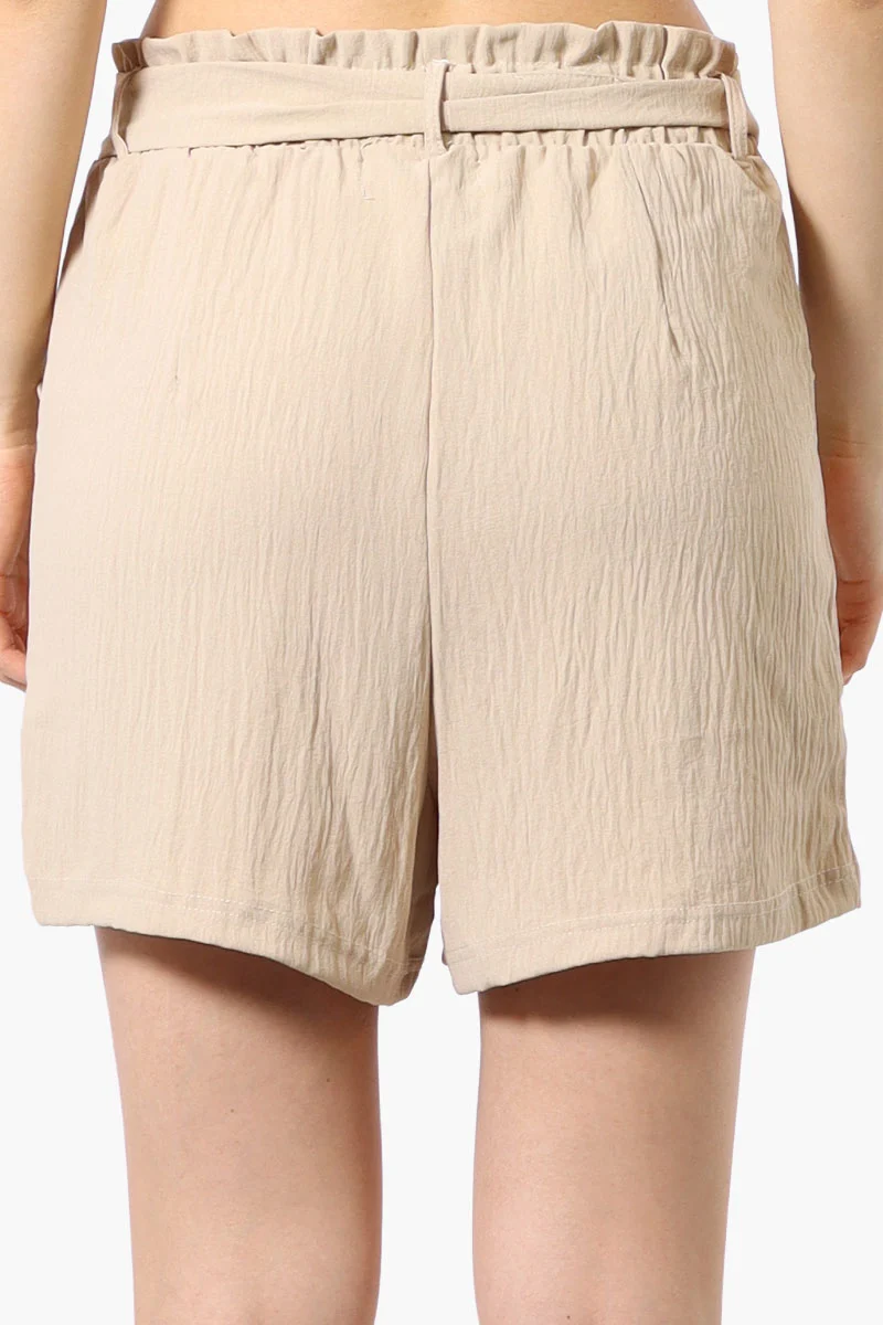 Solid Belted Shorts - Beige - Image 3