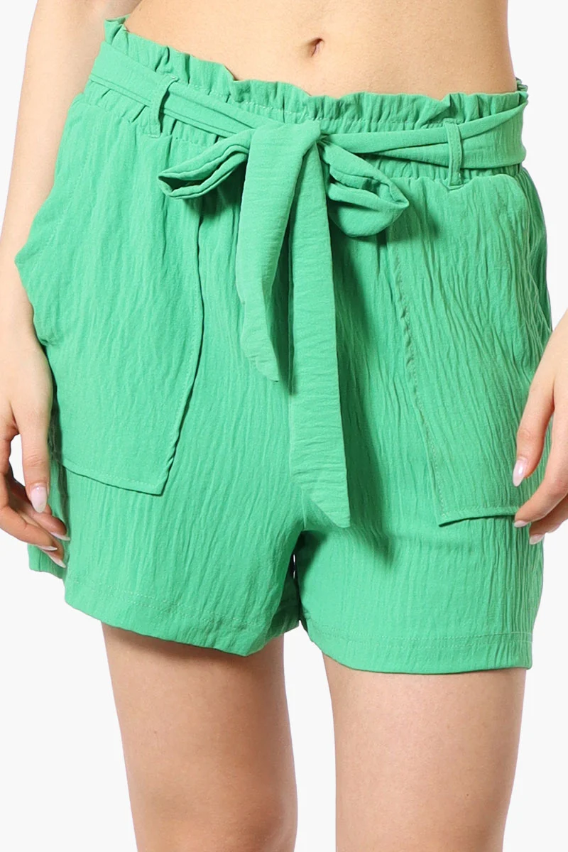 Solid Belted Shorts - Green