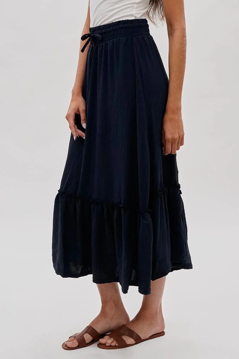 Vintage Tiered Cinched Skirt - Navy - Image 2