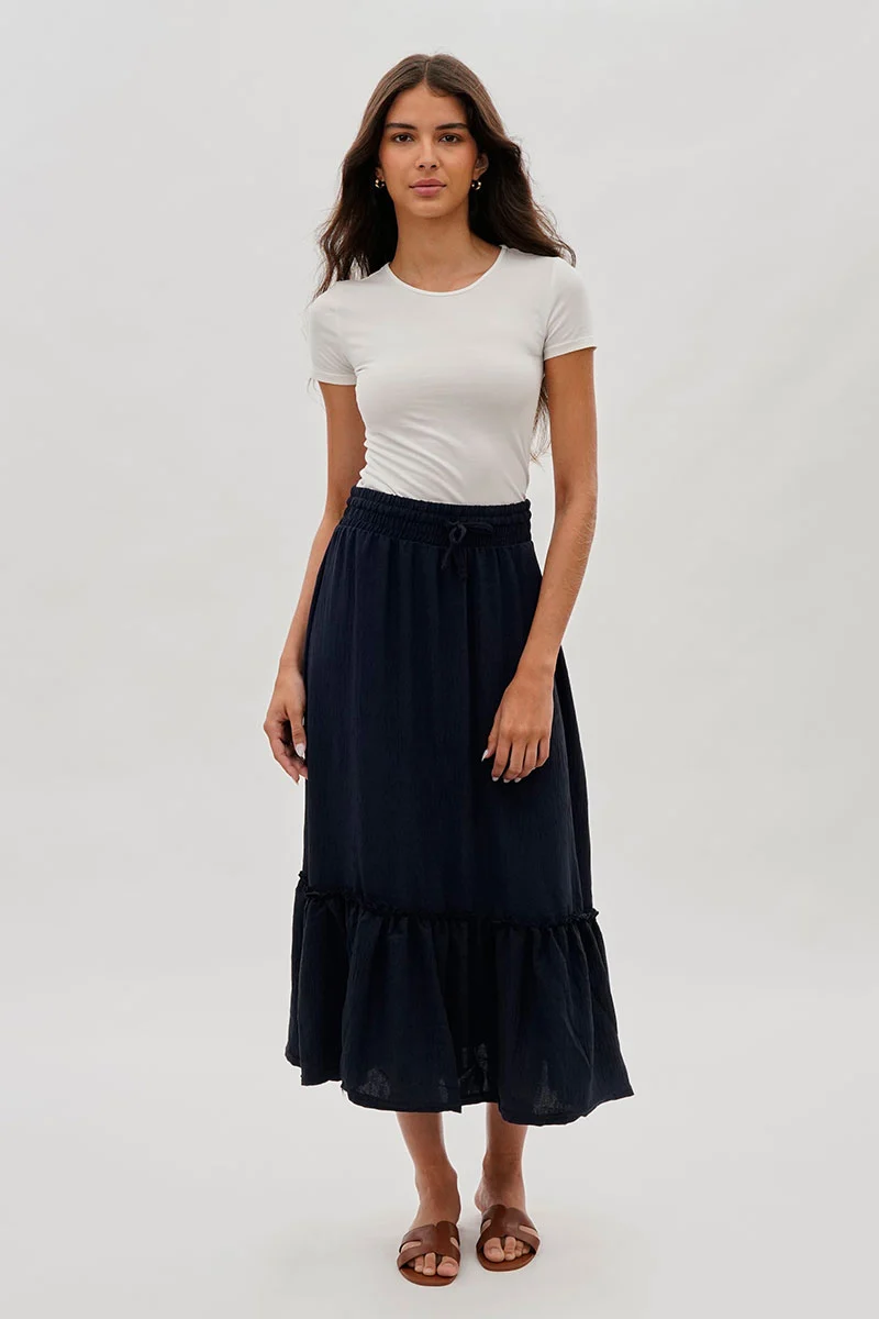 Vintage Tiered Cinched Skirt - Navy - Image 5