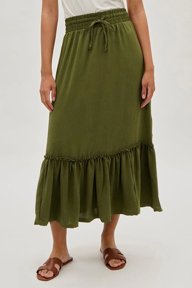 Vintage Tiered Cinched Skirt - Olive