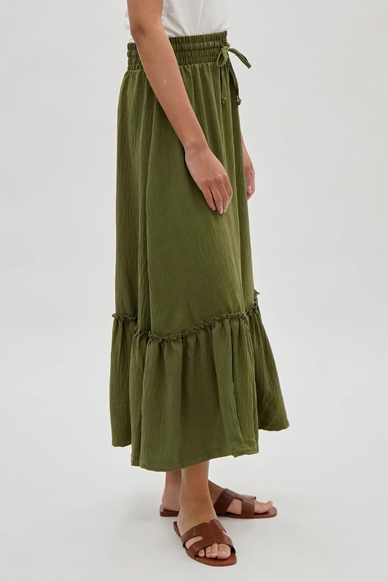 Vintage Tiered Cinched Skirt - Olive - Image 2