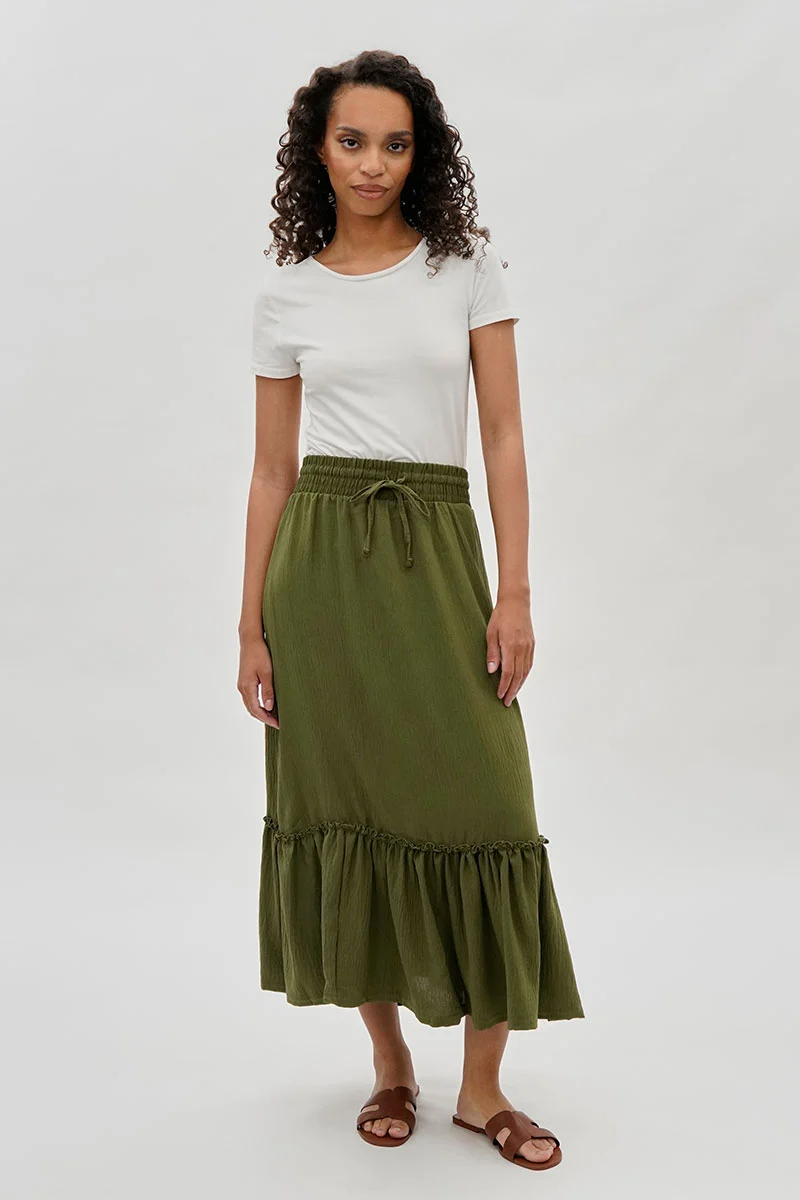 Vintage Tiered Cinched Skirt - Olive - Image 5