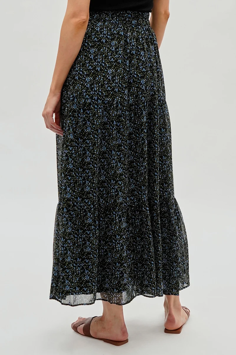 Floral Tiered Chiffon Maxi Skirt - Black - Image 3