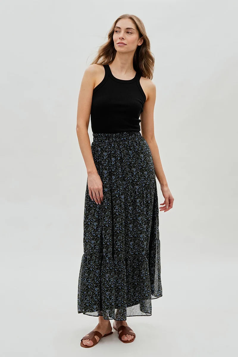 Floral Tiered Chiffon Maxi Skirt - Black - Image 5