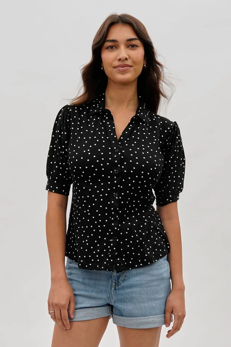 Polka Dot Puffer Sleeve Blouse - Black